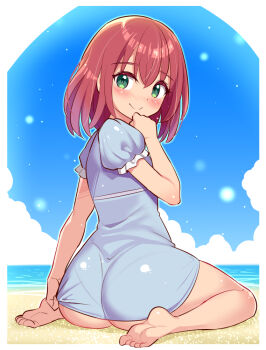 1girl arm_up ass azure_striker_gunvolt azure_striker_gunvolt_1 bare_legs barefoot beach blue_dress blue_sky blush commentary_request commission commissioner_upload cosplay cougar_(cougar1404) dress dress_tug embarrassed from_behind full_body green_eyes hair_between_eyes hair_down hand_on_own_chin joule_(gunvolt) joule_(gunvolt)_(cosplay) kurosawa_ruby looking_at_viewer love_live! love_live!_sunshine!! medium_hair ocean pulling_own_clothes red_hair sand sitting skeb_commission sky smile solo wariza