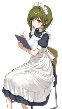 1girl absurdres alternate_costume apron black_dress breasts chair closed_mouth commentary_request dress enmaided feet_out_of_frame green_eyes green_hair higashira_isana highres holding holding_stylus holding_tablet_pc large_breasts maid maid_apron maid_headdress mamahaha_no_tsurego_ga_moto_kano_datta on_chair short_hair simple_background sitting smile solo stylus swept_bangs tablet_pc takayaki white_apron white_background