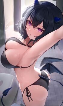 1girl :o arm_up armpits ass asymmetrical_bikini bikini black_bikini black_hair blue_hair blue_horns blue_tail blush breasts commentary_request demon_girl demon_horns demon_tail demon_wings detached_wings from_side frown hair_between_eyes highres horns ichinose_uruha ichinose_uruha_(vspo!_summer_2024) indoors large_breasts looking_at_viewer medium_hair mini_wings multicolored_hair nokonata o-ring o-ring_bikini o-ring_top purple_eyes side-tie_bikini_bottom solo streaked_hair stretching sweat swimsuit tail virtual_youtuber vspo! wings