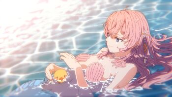 adam_n_gif ahoge ariru bikini bird blue_eyes blue_tail blush breasts bridgeless_bra chinese_hairpin cleavage commentary duck floating hair_ornament hair_spread_out hair_stick highres jewelry large_breasts long_hair looking_at_another mermaid monster_girl navel necklace open_hand partially_submerged pastel_colors pearl_necklace pink_hair shell shell_bikini smile swimsuit vdonburi virtual_youtuber