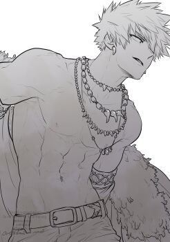1boy abs absurdres bakugou_katsuki boku_no_hero_academia earrings fur_trim highres jewelry looking_to_the_side male_focus monochrome necklace nipples oroshi_mi pants short_hair solo spiked_hair teeth toned toned_male topless_male upper_body white_background