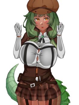 1girl against_glass alligator_girl breast_press breasts breasts_on_glass commission commissioner_upload condylonucla crocodilian_tail dark-skinned_female dark_skin detective green_hair hat highres large_breasts looking_at_viewer original scales signature tail vita_(teuthidan) yellow_eyes