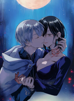 1boy 1girl black_hair bleeding blood blood_on_hands breasts closed_eyes collarbone commentary_request couple full_moon grel_(r6hgvu5) grey_eyes grey_hair hetero hug large_breasts medium_hair moon night octopath_traveler octopath_traveler_ii outdoors rain short_hair temenos_mistral thorns throne_anguis
