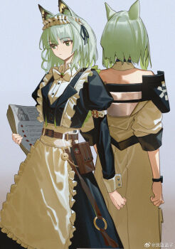 2girls animal_ears apron arknights artist_name back cat_ears green_eyes green_hair highres kal&#039;tsit_(arknights) kal&#039;tsit_(maid)_(arknights) kal&#039;tsit_(the_remains_of_time)_(arknights) lanzi_(415460661) maid maid_apron maid_headdress multiple_girls short_hair simple_background watermark weibo_watermark