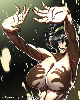 1girl abs alternate_breast_size_(larger) avatar:_aang_the_last_airbender avatar_legends black_lips blind breasts commentary dejovanna english_commentary green_hairband hair_bun hairband hand_shadow_covering_breasts_(meme) highres jewelry large_breasts lips looking_at_viewer meme muscular muscular_female nipples open_hands outstretched_arms shadow_censor shiny_skin single_hair_bun sky smile solo spread_fingers toph_beifong topless_female upper_body