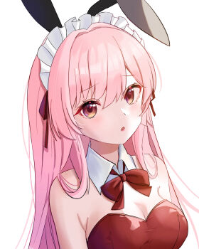 1girl :o absurdres animal_ears arms_at_sides bare_shoulders bow bowtie breasts brown_eyes cleavage collar detached_collar eyelashes fake_animal_ears gradient_hair hair_between_eyes hair_ribbon highres leotard lips long_hair looking_at_viewer maid_headdress medium_breasts multicolored_hair open_mouth original pink_hair playboy_bunny rabbit_ears red_bow red_bowtie red_leotard ribbon simple_background solo straight_hair strapless strapless_leotard swept_bangs upper_body white_background white_collar yuuca