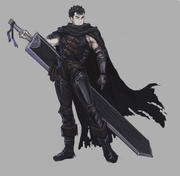 arm_at_side arm_up armor armored_boots bandolier belt berserk black_cape black_hair black_tank_top boots brown_belt cape chest_belt closed_mouth commentary contrapposto dragonslayer_(sword) drawpile_(medium) english_commentary floating_cape full_body furrowed_brow gauntlets greaves grey_background guts_(berserk) holding holding_behind_back holding_sword holding_sword_behind_back holding_weapon holding_weapon_behind_back huge_weapon invisible_floor knife knife_sheath leather_belt light_frown looking_to_the_side muscular muscular_male narrowed_eyes one_eye_closed pauldrons sabaton scar scar_on_face scar_on_nose serious sheath sheathed shirt short_hair shoulder_armor simple_background single_gauntlet sketch spiked_hair standing strongman_waist sword tank_top tight_clothes tight_shirt torn_cape torn_clothes v-shaped_eyebrows vertigris weapon