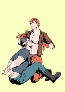 2boys abs arms_behind_back artist_name bandaged_arm bandages bara bare_pectorals belt black_hair black_pants black_shirt brown_belt brown_shirt couple covered_eyes evinist highres holding holding_removed_eyewear large_pectorals male_focus marvel matt_murdock multiple_boys muscular muscular_male navel necktie nipples open_clothes open_shirt pants pectorals red_hair round_eyewear shirt short_hair simple_background sunglasses the_punisher_(character) the_punisher_(series) undone_necktie unworn_eyewear yaoi