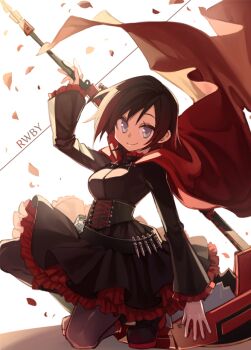 1girl black_dress black_hair cape closed_mouth crescent_rose dress falling_petals frilled_dress frilled_sleeves frills gradient_hair grey_eyes holding holding_scythe kneeling looking_at_viewer multicolored_hair petals red_cape red_hair ruby_rose rwby scythe shiki_(shikki46) simple_background smile solo white_background