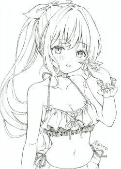 1girl bikini blush bow bow_bikini breasts choppy_bangs cleavage commentary_request dot_nose frilled_bikini frilled_wristband frills greyscale grin hair_bow hand_up highres large_breasts long_hair looking_at_viewer monochrome navel omagari_kei original ponytail smile solo stomach swimsuit traditional_media upper_body