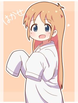 Rule 34 | 1girl, :d, absurdres, akifure, blue eyes, blush, character name, commentary request, happy, heart, highres, lab coat, long hair, long sleeves, looking at viewer, nichijou, open mouth, orange background, orange hair, professor shinonome, sidelocks, smile