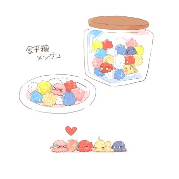 >_< ahoge blush_stickers bocchi_the_rock! candy closed_eyes commentary_request detached_ahoge food gotoh_hitori gotoh_hitori_(octopus) heart ijichi_nijika jar jitome kita_ikuyo no_humans plate rebecca_(keinelove) simple_background translation_request white_background yamada_ryo