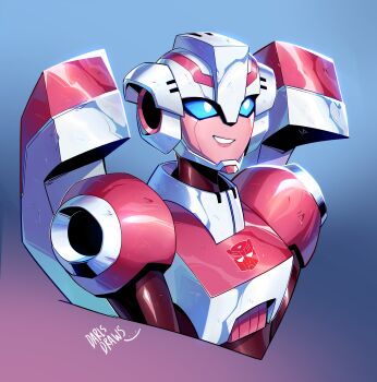 absurdres arcee autobot blue_eyes blue_sclera colored_sclera darlsdraws helmet highres humanoid_robot insignia mecha mecha_focus metal_skin pink_lips robot robot_girl transformers transformers_animated upper_body