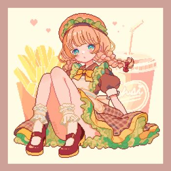1girl artist_name beret blunt_bangs blush border bow bowtie braid brown_border cup dress drinking_straw food food-themed_clothes food-themed_hat french_fries frilled_dress frills full_body green_eyes hat heart highres long_hair orange_bow orange_bowtie orange_hair orange_hat original parted_lips pixel_art puffy_short_sleeves puffy_sleeves red_shoes shoes short_sleeves shusi_(6muuu3) sitting solo square