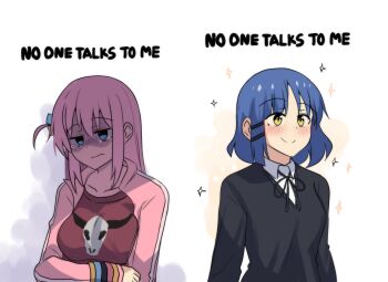 2girls black_sweater blue_hair blush bocchi_the_rock! closed_mouth commentary crying crying_with_eyes_open cube_hair_ornament english_commentary english_text gotoh_hitori hair_ornament hairclip happy higher_resolution_available highres hinghoi jacket long_hair long_sleeves meme multiple_girls one_side_up open_clothes open_jacket pink_hair pink_jacket print_shirt red_shirt sad school_uniform shimokitazawa_high_school_uniform shirt short_hair simple_background smile sparkle sweater tears track_jacket upper_body white_background white_shirt yamada_ryo yellow_eyes