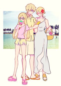 Rule 34 | 1boy, 2girls, axis powers hetalia, bandaged neck, bandages, bare shoulders, basket, beach, belarus (hetalia), blonde hair, blue sky, blush, bow, breasts, brother and sister, cellphone, clenched hand, collared shirt, commentary request, day, dress, eating, flower, food, full body, green-tinted eyewear, hair flower, hair ornament, hand up, hands up, highres, holding, holding basket, holding food, holding ice cream, holding phone, ice cream, large breasts, long hair, multiple girls, ocean, open mouth, orange sandals, outdoors, outside border, palm leaf, palm tree, phone, pink-framed eyewear, pink flower, pink sandals, pink shirt, purple-tinted eyewear, red flower, rudorufu11, russia (hetalia), sand, sandals, shirt, short hair, short shorts, short sleeves, shorts, siblings, single sidelock, sisters, sky, sleeveless, sleeveless dress, smartphone, standing, summer, sunglasses, t-shirt, tinted eyewear, tree, ukraine (hetalia), white bow, white dress, yellow sandals, yellow shirt, yellow shorts