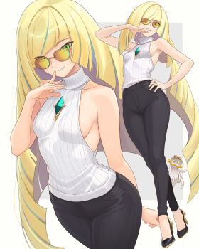 1girl absurdres alternate_color bare_shoulders black_pants blonde_hair breasts collarbone commentary diamond_(shape) english_commentary gem gen_7_pokemon green_eyes green_gem hair_over_one_eye highres long_hair looking_at_viewer lusamine_(pokemon) medium_breasts nihilego nintendo pants parted_lips pokemon pokemon_(creature) pokemon_sm shiny_pokemon sleeveless sleeveless_sweater smile sunglasses sweater tinted_eyewear truejekart ultra_beast very_long_hair white_sweater