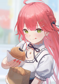 Rule 34 | 1girl, :p, absurdres, ahoge, bag, black ribbon, blurry, blurry background, braid, breasts, cleavage, commentary, detached collar, earrings, food, food on face, frills, green eyes, hair between eyes, hair ornament, highres, holding, holding food, hololive, jewelry, juliet sleeves, light blush, long hair, long sleeves, looking at viewer, nail polish, paper bag, pink hair, pink nails, puffy sleeves, ribbon, sakura miko, simple background, taiyaki, tokaki, tongue, tongue out, virtual youtuber, wagashi
