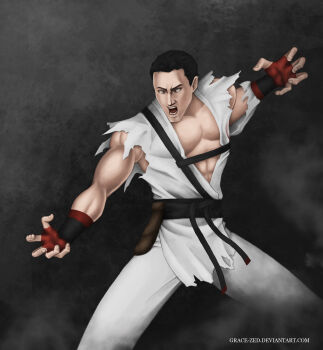 Rule 34 | 1boy, alternate costume, angry, artist name, belt, belt pouch, black hair, blind, cowboy shot, deviantart, dougi, eyebrows, fighting stance, fingerless gloves, gloves, grace-zed, grey background, highres, kenshi (mortal kombat), male focus, martial arts belt, mortal kombat (series), muscular, open mouth, pouch, screaming, short hair, smoke, solo, strap, torn clothes, white eyes