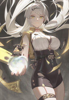 Rule 34 | 1girl, absurdres, arm behind back, black gloves, breasts, cowboy shot, fingerless gloves, floating hair, gloves, grey background, hair ornament, hairclip, high-waist shorts, highres, holding orb, jacket, ju fufu, large breasts, light frown, long hair, looking at viewer, mini person, orb, pan yinhu, reaching, reaching towards viewer, shengkai167, shorts, solo focus, white hair, yellow eyes, yellow jacket, yixuan (zenless zone zero), zenless zone zero