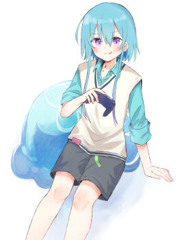 1boy :p absurdres arknights black_shorts blue_hair blue_shirt blush collared_shirt commentary controller feet_out_of_frame game_controller hair_between_eyes highres holding holding_controller holding_game_controller looking_at_viewer male_focus mizuki_(arknights) multicolored_hair open_collar purple_eyes purple_hair rogu_(log_264) shirt short_hair_with_long_locks shorts simple_background sitting sleeves_rolled_up solo streaked_hair sweater_vest tongue tongue_out white_background white_sweater_vest