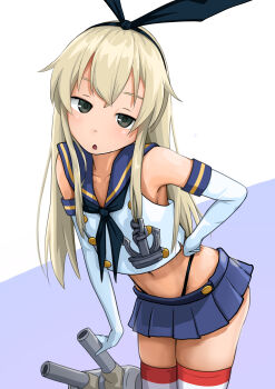 1girl absurdres animal_ears bare_shoulders black_hairband black_neckerchief black_panties black_ribbon blonde_hair blue_sailor_collar blue_skirt bored buttons commentary_request cropped_shirt double-breasted elbow_gloves expressionless gloves green_eyes hair_between_eyes hairband hand_on_own_hip highleg highleg_panties highres kantai_collection leaning_forward leaning_on_object long_hair looking_at_viewer microskirt midriff navel neckerchief open_mouth panties pleated_skirt posh883 rabbit_ears rensouhou-chan ribbon sailor_collar school_uniform serafuku shimakaze_(kancolle) shirt skindentation skirt sleeveless sleeveless_shirt solo striped_clothes striped_thighhighs thighhighs thighs underwear very_long_hair white_gloves white_shirt