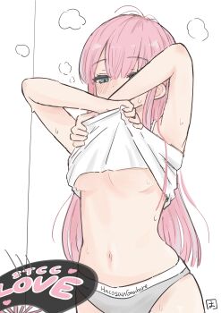 1girl absurdres arms_up blush breasts clothes_lift clothes_writing commentary_request cowboy_shot grey_eyes grey_panties haco_(user_usmg5523) highres large_breasts long_hair navel no_bra original panties pink_hair shirt shirt_lift simple_background sketch sleeveless sleeveless_shirt solo steam steaming_body stomach straight_hair sweat underboob underwear underwear_writing undressing white_background white_shirt