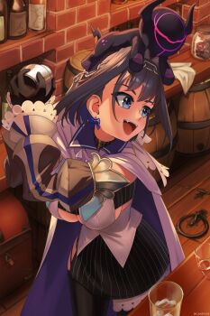 1girl :d bar_(place) bartender black_gloves black_hair black_shirt black_skirt black_thighhighs blue_eyes bow bow_earrings breasts cahryos chain chain_headband cleavage cocktail_shaker colored_inner_hair commentary cropped_shirt cum detached_sleeves earrings english_commentary enigmatic_recollection fang fanged_bangs frilled_sleeves frills gloves grey_sleeves hair_flaps hair_intakes half-skirt highres holding holding_cocktail_shaker hololive hololive_english indoors jewelry juliet_sleeves large_breasts long_sleeves miniskirt multicolored_hair open_mouth ouro_kronii ouro_kronii_(1st_costume) pinstripe_pattern pinstripe_shirt pinstripe_skirt puffy_sleeves shirt skirt smile solo teeth thighhighs underboob upper_teeth_only veil vest virtual_youtuber white_veil white_vest