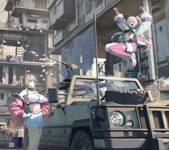 2girls :d absurdres ahoge arms_up asymmetrical_legwear bare_shoulders bird black_sports_bra blonde_hair blurry breasts building car chest_harness choker closed_eyes collar crop_top depth_of_field exotic_(nikke) eyeliner facial_tattoo fang fishnet_thighhighs fishnets gloves goddess_of_victory:_nikke hair_ornament hand_on_own_hip harness heart heart_tattoo highres horns jackal_(nikke) jacket jumping large_breasts long_hair machine makeup mask mask_pull mismatched_legwear motor_vehicle mouth_mask multiple_girls navel off_shoulder one_side_up open_mouth pantyhose papermental pink_gloves pink_horns pink_jacket pink_shorts pink_thighhighs pleated_skirt red_eyes shoes shorts sidelocks skindentation skirt smile spare_tire spiked_collar spikes sports_bra tattoo thighhighs thighs two-sided_fabric two-sided_jacket unused_tire viper_(nikke)