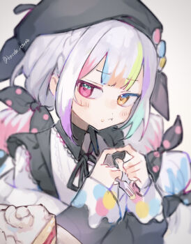 1girl artist_painter beret black_hat black_ribbon bow cake cake_slice commentary_request food fork hat heterochromia highres holding holding_fork index_fingers_together jogasaki_noah kinoeda_tamase looking_at_viewer looking_to_the_side mahou_shoujo_no_majo_saiban pink_eyes polka_dot polka_dot_bow pout ribbon simple_background solo white_background white_hair yellow_eyes