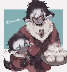 Rule 34 | + +, 2boys, aged down, artist name, au ra, bandaged horn, baozi, black hair, black horns, blue background, brothers, child, closed mouth, colored sclera, commentary request, cropped legs, drooling, fang, fang out, final fantasy, final fantasy xiv, food, fur collar, grey sclera, hand up, highres, holding, holding tray, horns, hungry, karuo (oooruka cr), long sleeves, looking at another, low horns, male focus, multicolored eyes, multiple boys, red eyes, red robe, robe, short eyebrows, short hair, siblings, simple background, smile, sparkling aura, tail, tray, twitter username, upper body, warrior of light (ff14), white hair, wide sleeves, yellow eyes