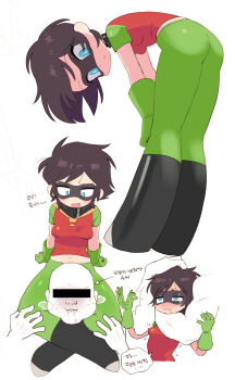 1boy 1girl asphyxiation ass bar_censor batrobin_k bent_over black_hair blue_eyes blush bodysuit boots breasts censored censored_identity commentary_request covered_erect_nipples domino_mask english_text eye_mask genderswap genderswap_(mtf) gloves green_gloves hetero highres korean_commentary mask multiple_views nervous_smile open_mouth original robin_(batrobin_k) saliva short_hair simple_background smile strangling sweatdrop tearing_up white_background