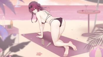 1girl all_fours alternate_costume artist_name bare_shoulders barefoot beach beach_towel bikini black_bikini blurry bottle breasts closed_mouth commentary_request crossed_ankles depth_of_field eyewear_on_head feet from_behind glasses hair_between_eyes highres honkai:_star_rail honkai_(series) kafka_(honkai:_star_rail) long_hair looking_at_viewer looking_back lotion medium_breasts ocean outdoors paid_reward_available pince-nez purple_eyes round_eyewear shoulder_blades sideboob smile soles solo sunglasses sunscreen swimsuit table toes towel yunkaiming