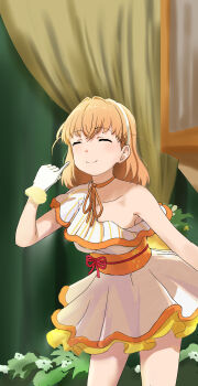 1girl ^_^ absurdres breasts closed_eyes closed_mouth commentary_request cowboy_shot dress facing_viewer gloves hair_intakes hairband highres hinoshita_kaho holiday_holiday_(love_live!) love_live! love_live!_hasu_no_sora_jogakuin_school_idol_club medium_breasts medium_hair nonaka_kokoro obi obijime orange_hair orange_sash pinky_out sash single-shoulder_dress single_bare_shoulder smile solo split_mouth standing suisai_sekai two_side_up virtual_youtuber white_dress white_gloves white_hairband