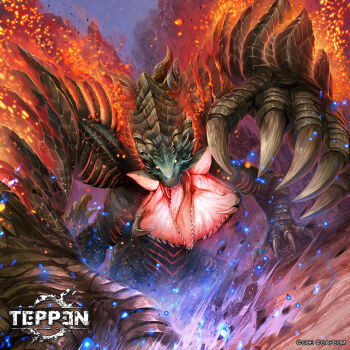 bifurcated_jaw breasts capcom clawed_hands claws cleavage commentary_request dragon dragon_tail extra_arms gaismagorm glowing glowing_skin horns ishida_baru monster_hunter_(series) no_humans open_mouth red_eyes scales sharp_teeth tail teeth teppen