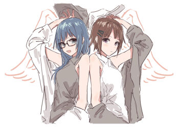 2girls :d armpit_crease asahi_rokka bang_dream! bang_dream!_girls_band_party! bare_shoulders black-framed_eyewear blue_hair brown_eyes brown_hair closed_mouth collared_shirt commentary drawn_wings frown glasses grey_eyes grey_jacket grey_shirt hair_ornament hair_over_shoulder hairclip jacket jacket_partially_removed long_hair looking_at_viewer low_side_ponytail multiple_girls open_mouth shirt simple_background sleeveless sleeveless_shirt smile teeth toyama_asuka upper_body white_background white_jacket white_shirt yukitake_(bullfalk)
