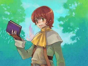Rule 34 | 1boy, arc (ff3), ascot, belt, book, brown belt, brown gloves, brown hair, commentary request, final fantasy, final fantasy iii, fingerless gloves, freckles, gloves, holding, holding book, long sleeves, male focus, open mouth, saikachi (ogre tree), short hair, smile, solo, teeth, upper teeth only, yellow ascot, yellow eyes