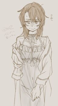 Rule 34 | 1boy, absurdres, alternate costume, bags under eyes, bare shoulders, beard stubble, blush, bow, brown hair, camisole, choker, closed mouth, clothes down, clothes grab, clothes pull, collarbone, cowboy shot, crossdressing, crossdressing (mtf), dress, dress tug, embarrassed, facial hair, facing viewer, gregor (project moon), greyscale, hair between eyes, hair down, hair intakes, highres, lily26983455, limbus company, limited palette, lingerie, long hair, long sleeves, looking to the side, monochrome, navel, neck ribbon, negligee, negligee pull, nervous, nightgown, nose blush, off-shoulder shirt, off shoulder, open clothes, open shirt, parted bangs, project moon, ribbon, ribbon choker, see-through camisole, see-through clothes, see-through nightgown, shirt, shoulder blush, shy, simple background, sketch, skirt hold, sleepwear, sleeve tied shut, solo, standing, straight-on, stubble, sweat, sweatdrop, underwear, upper body, wuthering heights (identity) (project moon)