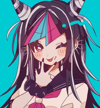 1girl ameko53133 aqua_background black_hair black_nails black_sailor_collar blue_hair blue_streaks blush blush_stickers collared_shirt commentary_request danganronpa_(series) danganronpa_2:_goodbye_despair ear_piercing eyelashes face_piercing fingernails hair_horns highres long_hair mioda_ibuki mouth_piercing multicolored_hair nail_polish neckerchief one_eye_closed piercing pink_eyes pink_hair pink_neckerchief pink_streaks portrait sailor_collar scrunchie shirt simple_background smile solo streaked_hair tongue tongue_out white_hair white_shirt wrist_scrunchie