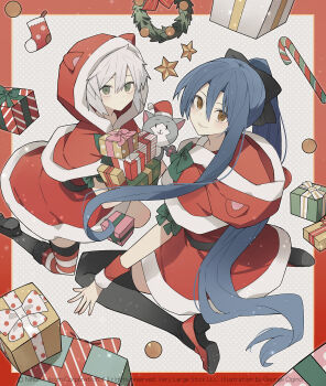 Rule 34 | 2girls, absurdres, artist name, black bow, black thighhighs, blue hair, bow, box, brown eyes, capelet, commentary request, dress, eiyuu densetsu, fie claussell, fur-trimmed capelet, fur-trimmed dress, fur trim, george man, gift, gift box, green eyes, grey hair, highres, hood, hood down, hood up, hooded capelet, laura s. arseid, long single sidelock, looking at viewer, mishy, multiple girls, ponytail, red capelet, red dress, santa costume, sen no kiseki, sen no kiseki (series), sen no kiseki i, sen no kiseki ii, single thighhigh, striped clothes, striped thighhighs, thighhighs