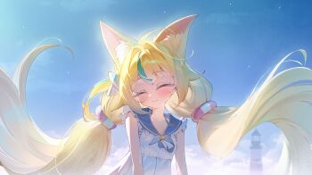1girl ^_^ absurdres ahoge animal_ears bikini bikini_under_clothes blonde_hair blue_bikini blue_bow blue_sailor_collar blue_streaks bow cat_ears closed_eyes closed_mouth commentary day dress english_commentary facing_viewer frilled_bikini frilled_sailor_collar frills hair_bow highres indie_virtual_youtuber lazyfox lifebuoy_hair_ornament lighthouse long_hair low_twintails multicolored_hair one_side_up outdoors sailor_collar sailor_dress sameko_saba sameko_saba_(1st_costume) sleeveless sleeveless_dress smile solo streaked_hair striped_bikini striped_clothes swimsuit twintails upper_body very_long_hair virtual_youtuber white_dress white_streaks
