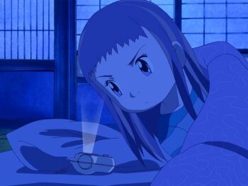 1girl digimon digimon_tamers digivice female_focus long_hair makino_ruki pillow screencap solo