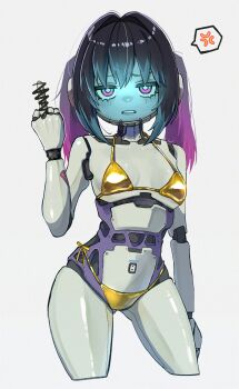 1girl absurdres android anger_vein annoyed bikini black_hair breasts censored censored_gesture commentary_request cowboy_shot gold_bikini golden_week gradient_hair grey_background highres kameoka908 kurusu_makina_(milky_galactic_universe) long_hair looking_at_viewer middle_finger milky_subway multicolored_hair outside_border pink_eyes purple_hair robot_girl scribble_censor side-tie_bikini_bottom simple_background small_breasts solo spoken_anger_vein swimsuit twintails