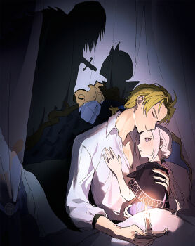 1boy 1girl adam&#039;s_apple alternate_costume alternate_hairstyle alternate_universe blonde_hair blush candle candle_wax candlelight candlestand closed_eyes collarbone collared_shirt couch couple curtains dagger dimitri_alexandre_blaiddyd dimitri_alexandre_blaiddyd_(timeskip) edelgard_von_hresvelg edelgard_von_hresvelg_(timeskip) fire fire_emblem fire_emblem:_three_houses fire_emblem_warriors:_three_hopes from_side glowing glowing_eyes hair_slicked_back hair_up hand_on_another&#039;s_back hand_on_another&#039;s_chest hand_on_own_stomach height_difference hetero highres holding holding_candle ikaikakka indoors knife leaning leaning_on_person leaning_to_the_side long_sleeves looking_up low_ponytail mixed-language_commentary nintendo official_alternate_hairstyle on_couch parted_bangs ponytail pregnant purple_eyes shade shadow shirt short_hair sitting sleeves_rolled_up smile wax weapon white_hair white_shirt