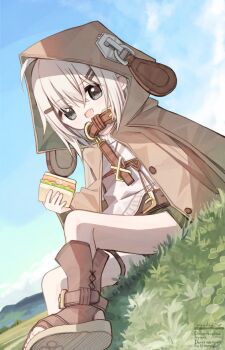 1girl :d blue_sky boots commentary_request day food hair_between_eyes hair_ornament hairclip holding holding_food hood hood_up open_clothes open_mouth original outdoors red_girl_(yuuhagi_(amaretto-no-natsu)) revision sandwich shirt short_shorts shorts sitting sky smile solo white_shirt yuuhagi_(amaretto-no-natsu)