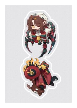 Rule 34 | 1boy, 1other, abdomen tail, absurdres, alternate costume, arthropod limbs, ascot, bags under eyes, beads, beard stubble, bell, belt, black fire, black gloves, black pants, black shirt, blanket, border, bow, bowtie, brown hair, chain, chest bow, chibi, christmas, christmas nightmare (e.g.o), clock, closed mouth, coat, collared dress, collared shirt, dante (limbus company), dngrumauma, dress, e.g.o (project moon), extra arms, eyes visible through hair, facial hair, fire, full body, fur-trimmed shawl, fur-trimmed slippers, fur collar, fur trim, gloves, gold trim, green ribbon, green shawl, green slippers, green tail, gregor (project moon), grey background, hair over one eye, hat, highres, holding, jingle bell, lapels, limbus company, long hair, long sleeves, looking at another, looking down, midair, monster, monster boy, neck ribbon, necktie, nightcap, notched lapels, object head, official alternate costume, one eye closed, pajamas, pants, plaid blanket, plaid bow, plaid clothes, plaid shawl, project moon, prosthetic head, red bow, red coat, red necktie, red ribbon, red shawl, ribbon, ribbon-trimmed hat, shawl, shirt, simple background, slippers, striped bow, striped bowtie, striped clothes, stubble, stuffed animal, stuffed reindeer, stuffed toy, sweat, sweatdrop, tail, tassel, two-tone ribbon, two-tone shawl, white ascot, white belt, white border, white dress, white hat, white pajamas, yellow eyes, yellow fire, yellow tassel