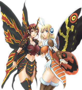 2girls antennae battra blonde_hair butterfly_wings godzilla_(series) godzilla_vs._mothra insect_wings moth_antennae mothra multiple_girls nyoruniru personification red_hair toho wings