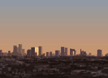 building city cityscape commentary_request evening gradient_sky hisachan55cute no_humans orange_sky original outdoors pixel_art scenery sky skyscraper