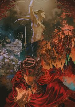 2girls 6+boys armor bare_shoulders black_armor black_snake blonde_hair blue_robe bracelet breasts cape cleavage cracked_skin dryleaf_dane elden_ring elden_ring:_shadow_of_the_erdtree fire flower full_armor gold_bracelet golem helmet highres holding holding_sword holding_weapon jewelry knight long_hair messmer_the_impaler mother_and_son multiple_boys multiple_girls needle_knight_leda one_eye_closed ornate ornate_armor pyrokinesis queen queen_marika_the_eternal red_hair red_robe robe scale_armor snake sword weapon white_cape white_flower winged_helmet yellow_eyes yujia0412