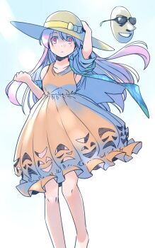 1girl barefoot blue_background bow collarbone commentary_request dress feet_out_of_frame hand_on_headwear hat hat_bow hata_no_kokoro knees long_hair mask noh_mask one-hour_drawing_challenge open_clothes open_shirt orange_skirt pink_eyes pink_hair plaid_clothes plaid_shirt rangycrow shirt single_off_shoulder skirt skirt_cutout sleeveless sleeveless_dress solo straw_hat sunglasses thighs touhou yellow_bow